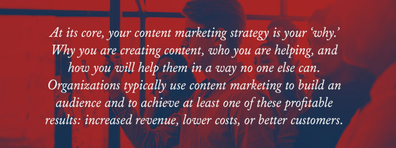 Text over graphic with quote from Content Marketing Institute (CMI) laid over an image of marketers working out strategy on a marker board.